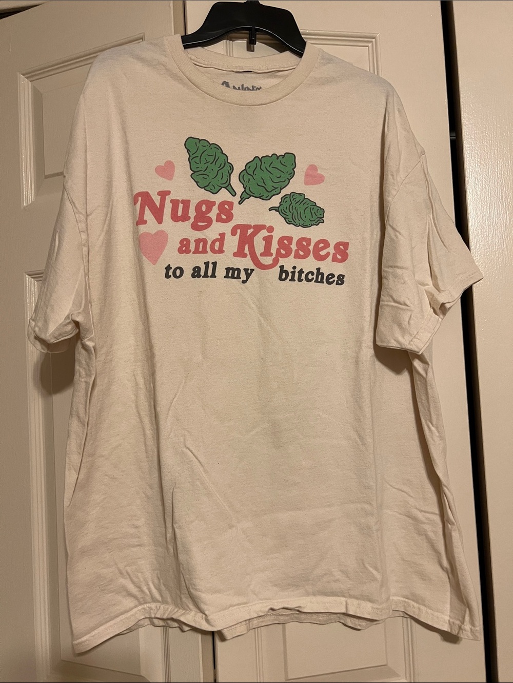 Spencer's Cream Graphic Tee "Nugs and Kisses" with Pink & Green Print